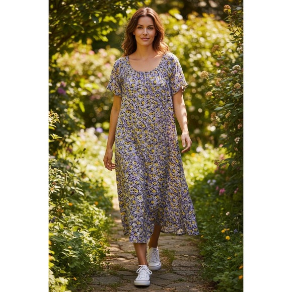 Handmade Dresses & Skirts - Handmade Prairie Floral Dress Purple Yellow Cottagecore Grandmacore Loose Fit
